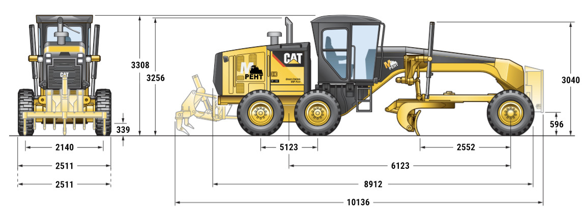 Автогрейдер Caterpillar 160 - 21 тонна - Габаритные характеристики