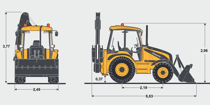 Экскаватор-погрузчик Volvo BL61 - Габаритные характеристики